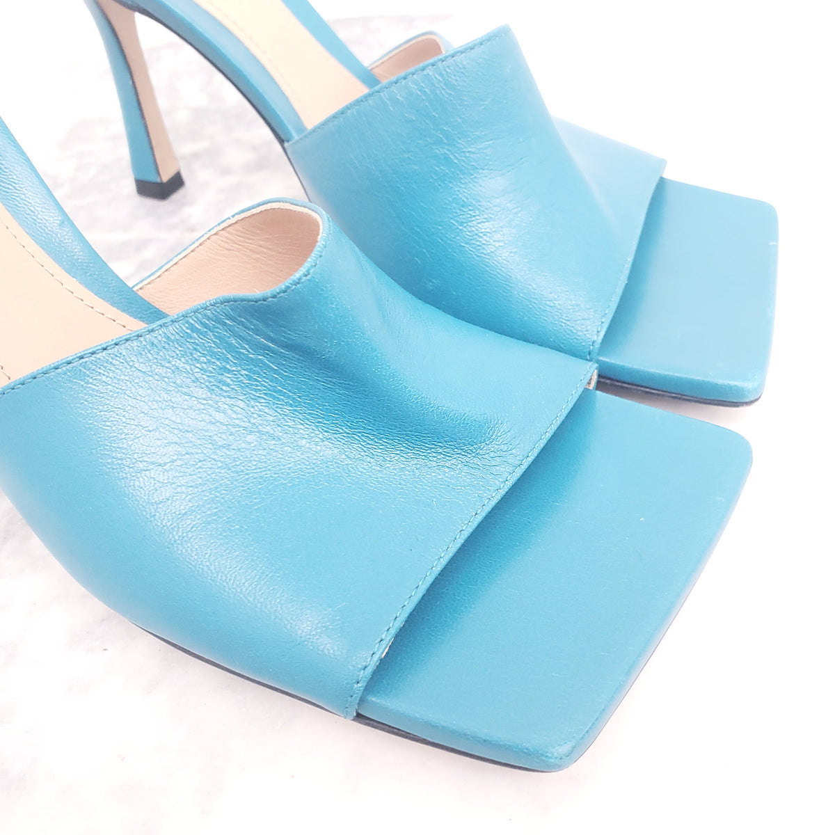 BOTTEGA VENETA TURQUOISE STRETCH SQUARE TOE SANDALS - SIZE 36