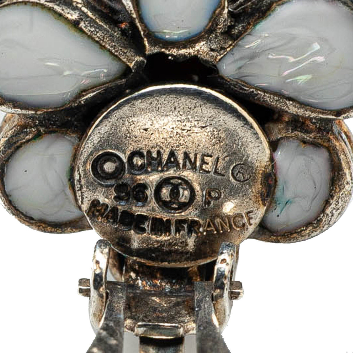 Silver Chanel Silver Plated Gripoix Flower Clip On Earrings