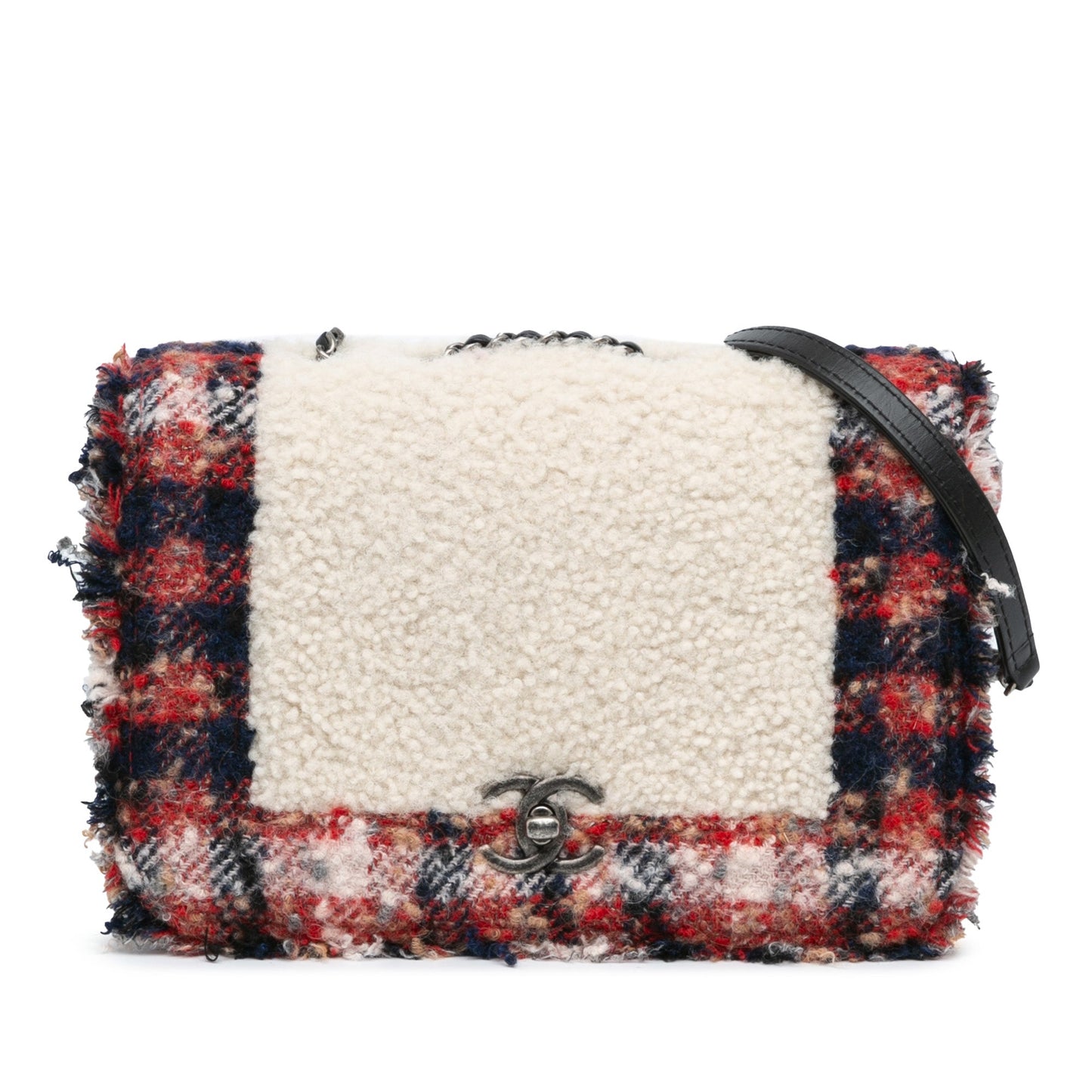Multicolor Chanel CC Tweed and Shearling Single Flap Crossbody Bag