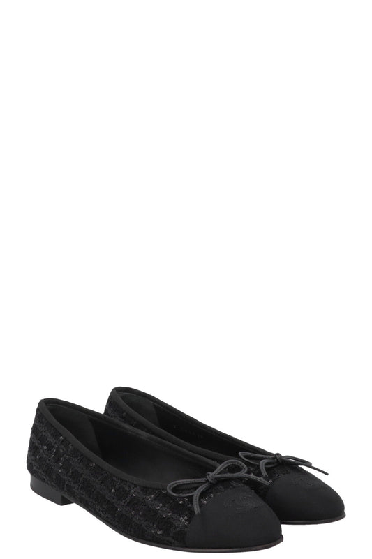 CHANEL Classic Ballet Flats Tweed Sequins Black