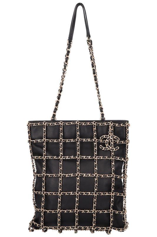 CHANEL Chain Tote Bag Leather Black