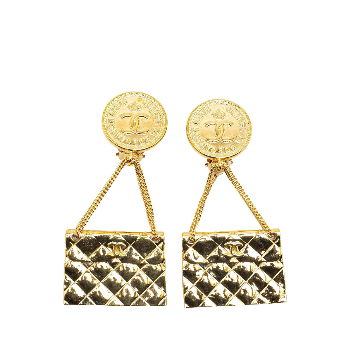 Gold Chanel CC Gold Plated Flap Bag Drop Clip On Earrings