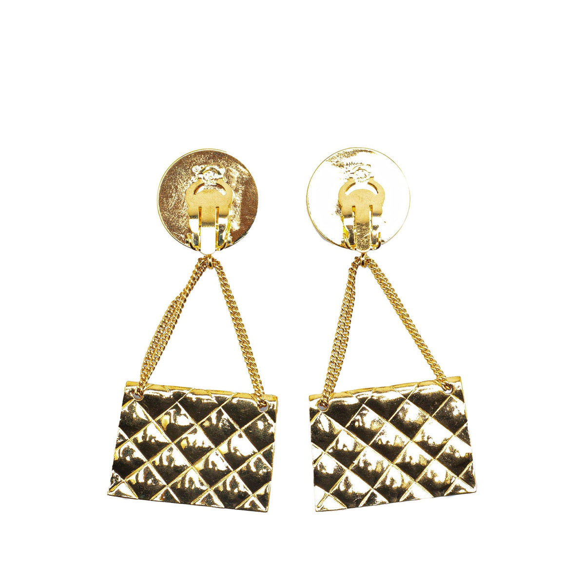 Gold Chanel CC Gold Plated Flap Bag Drop Clip On Earrings