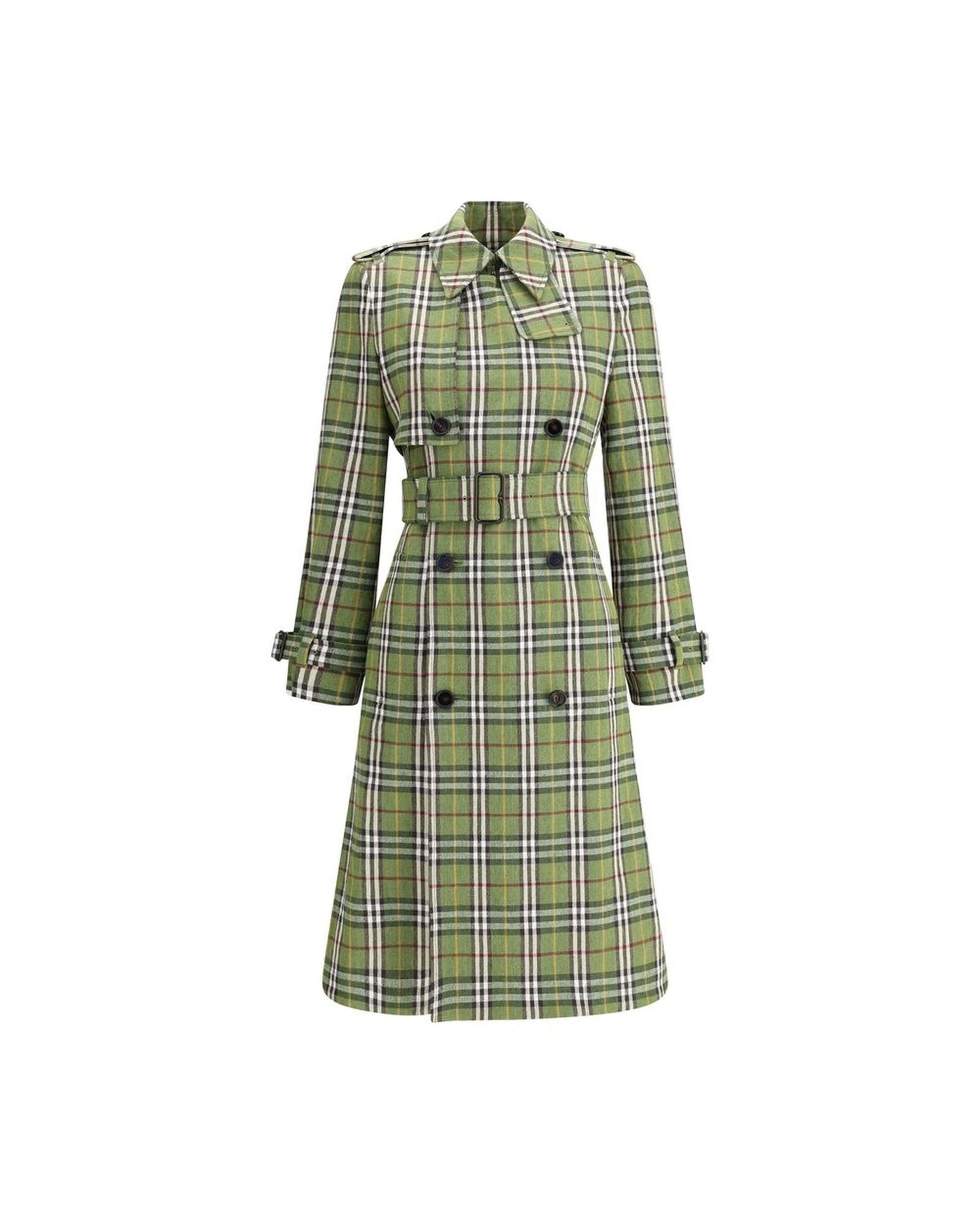 Burberry Plaid Trench Coat with Belt Women Green One Size Fits All Green