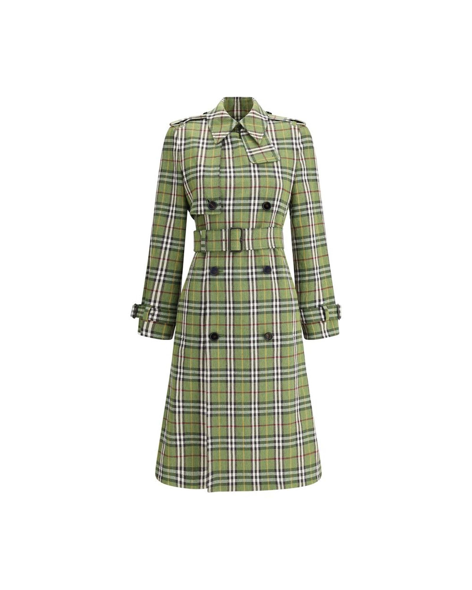 Burberry Plaid Trench Coat with Belt Women Green One Size Fits All Green