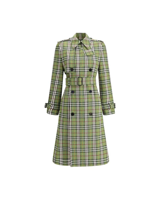 Burberry Plaid Trench Coat with Belt Women Green One Size Fits All Green