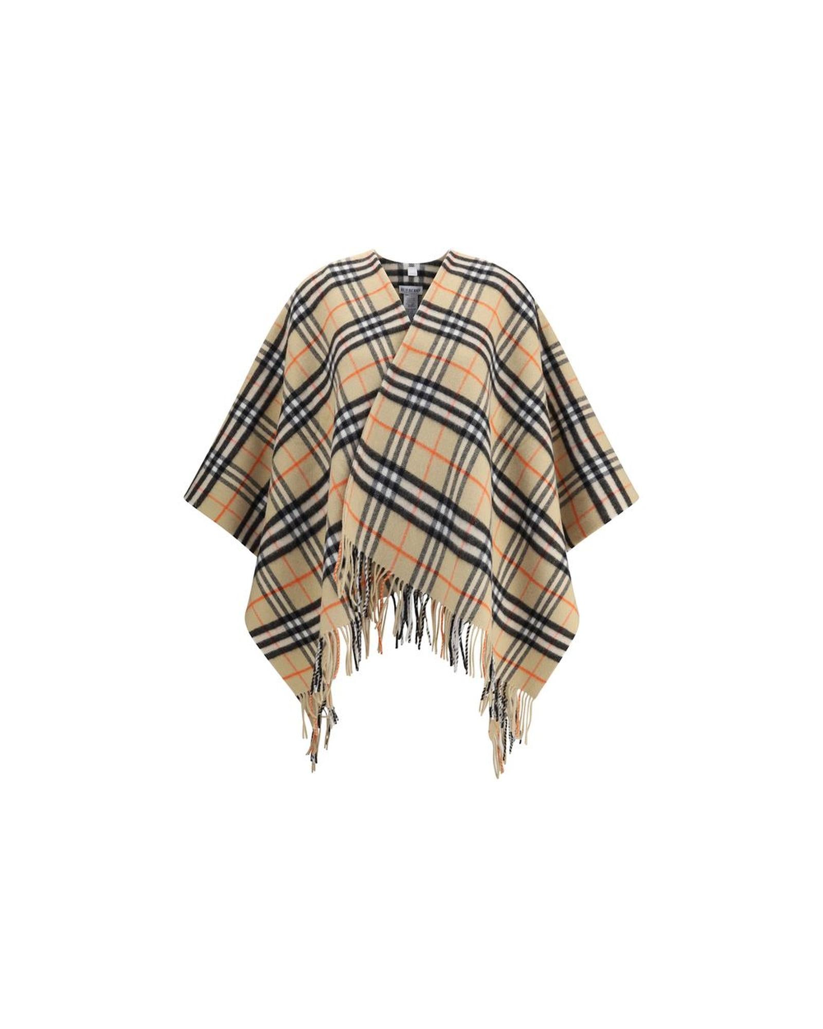Burberry Check Wool Poncho Fringed Women Beige Jackets & Coats One Size Fits All Beige