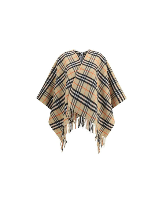 Burberry Check Wool Poncho Fringed Women Beige Jackets & Coats One Size Fits All Beige