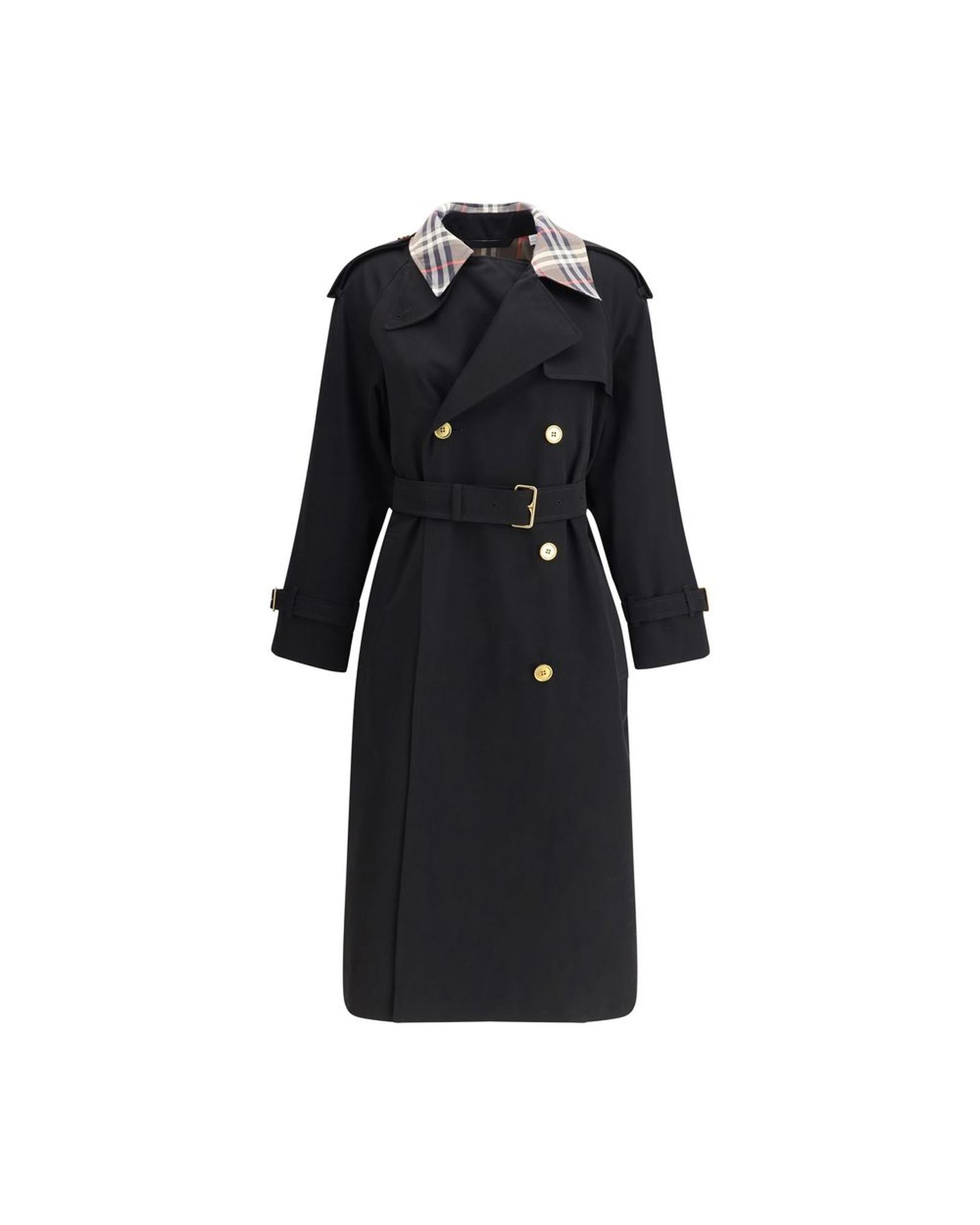 Burberry Trench Coat Plaid Collar Classic Design Women Black Jackets & Coats One Size Fits All Black