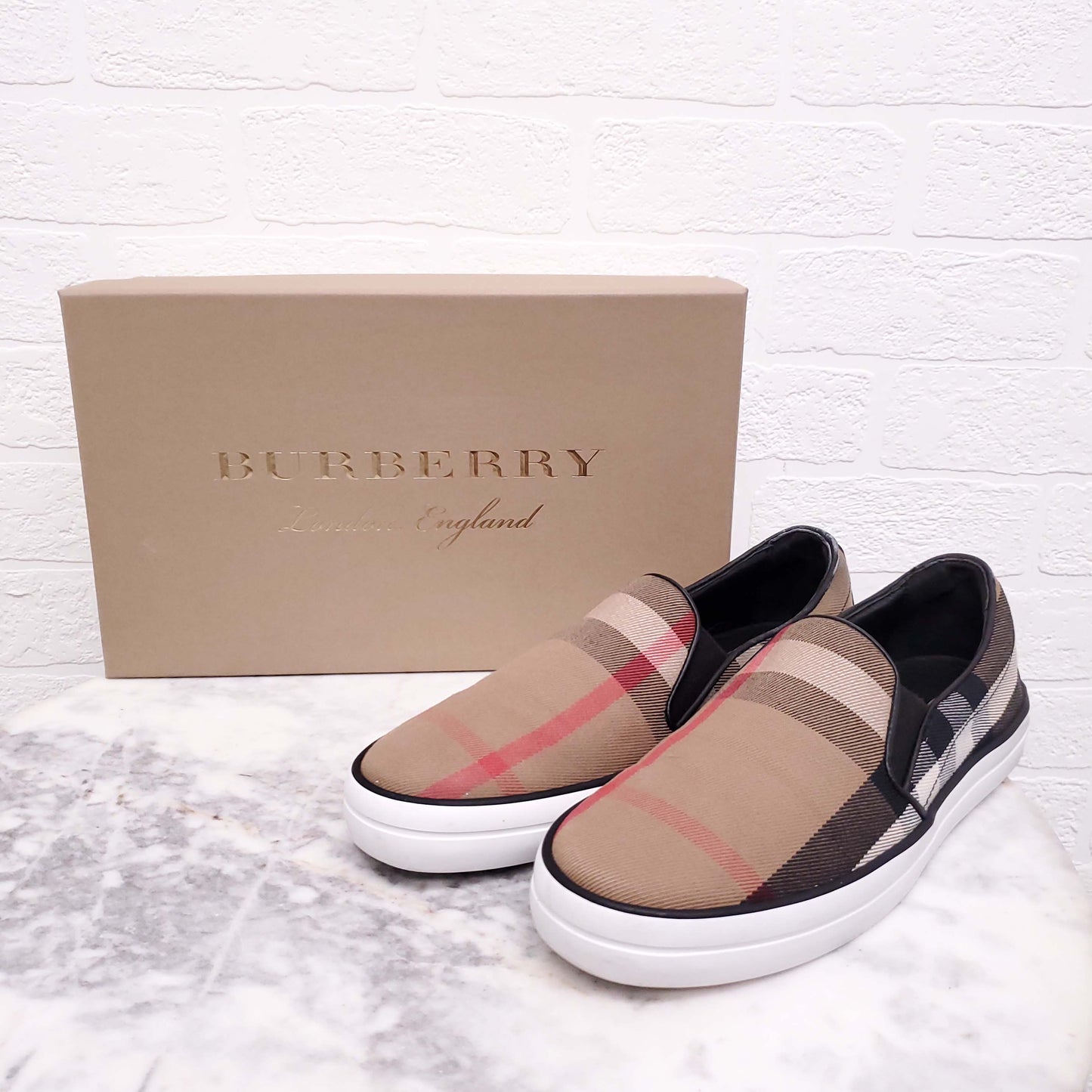 BURBERRY CHECK SLIP ON SNEAKERS - SIZE 38