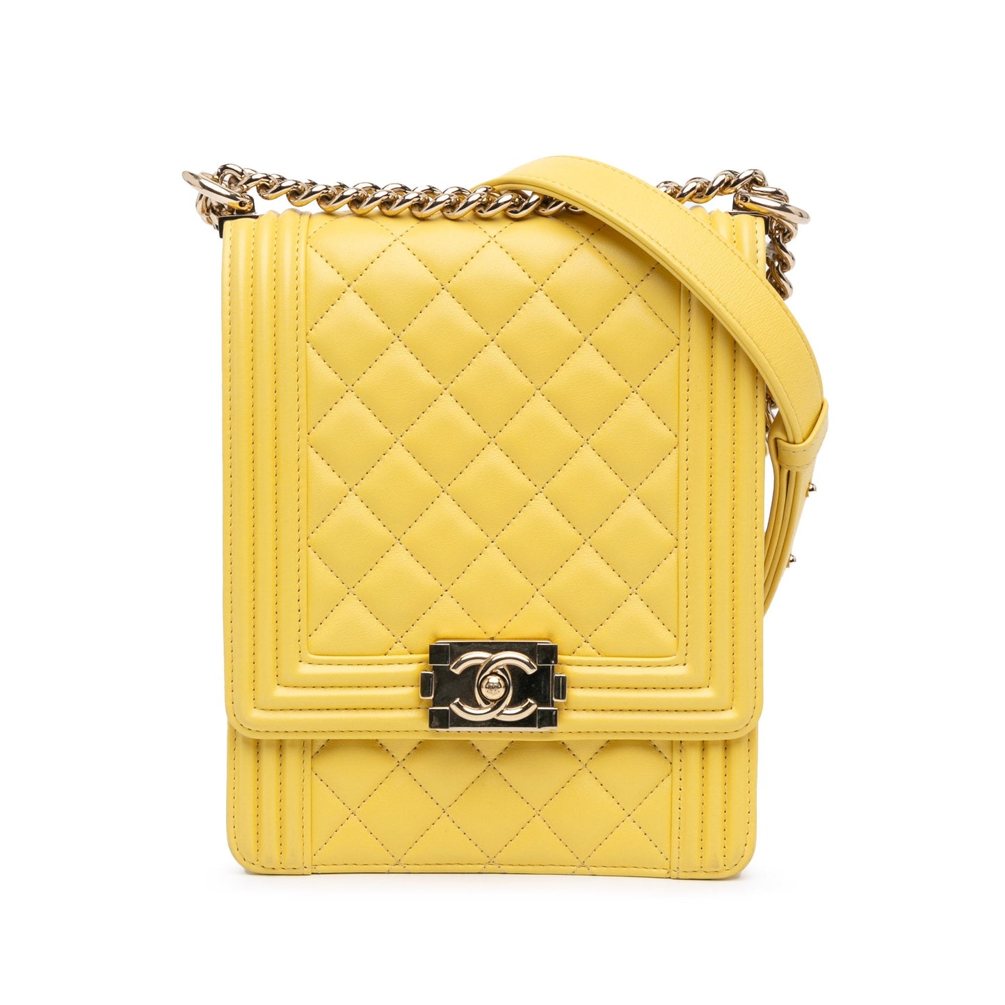 Yellow Chanel Quilted Lambskin North South Boy Flap Crossbody Bag