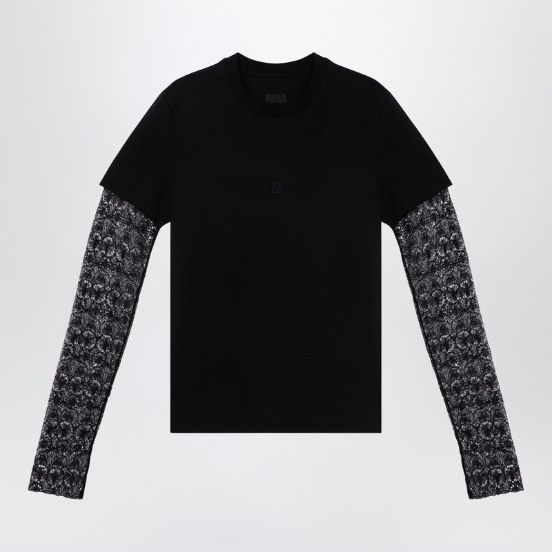 Givenchy Overlapping Black T-Shirt In Cotton And Lace Women