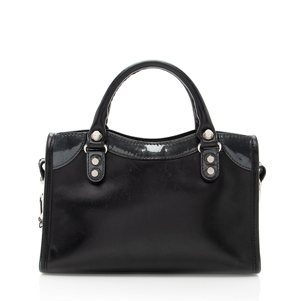 Luxury Balenciaga  Patent Matte Calfskin Metal Edge City Mini Satchel - FINAL SALE (SHF-17574)