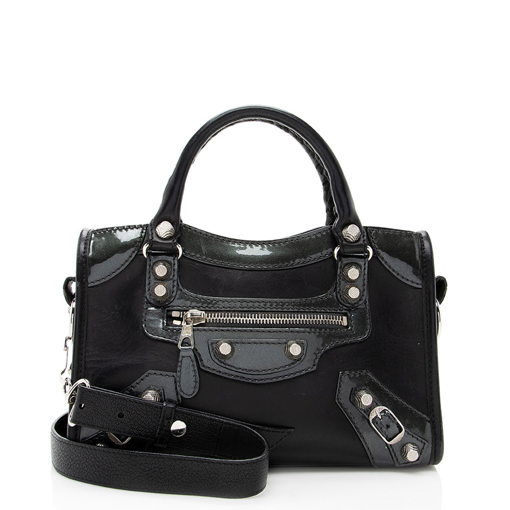 Luxury Balenciaga  Patent Matte Calfskin Metal Edge City Mini Satchel - FINAL SALE (SHF-17574)