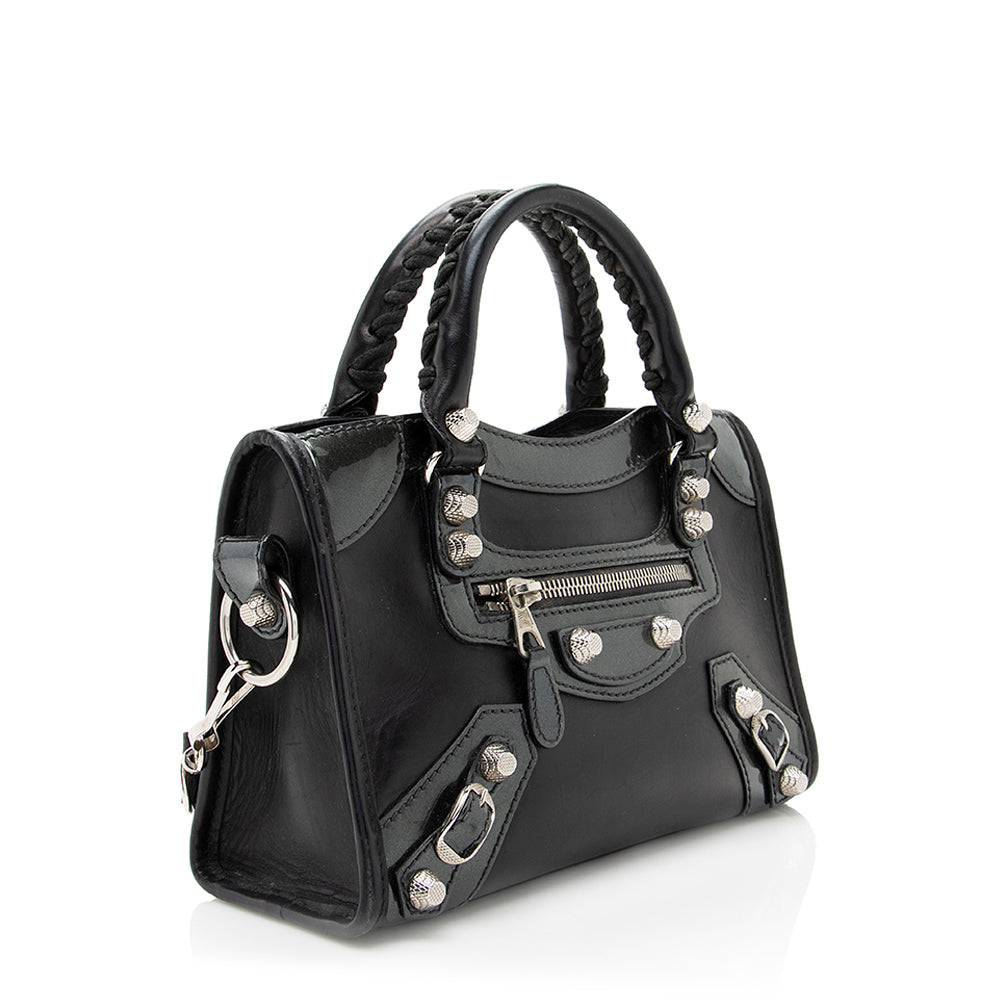 Luxury Balenciaga  Patent Matte Calfskin Metal Edge City Mini Satchel - FINAL SALE (SHF-17574)