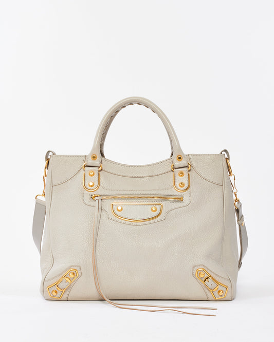 Balenciaga Light Grey Leather Giant 12 Gold Hardware Motocross Velo Bag