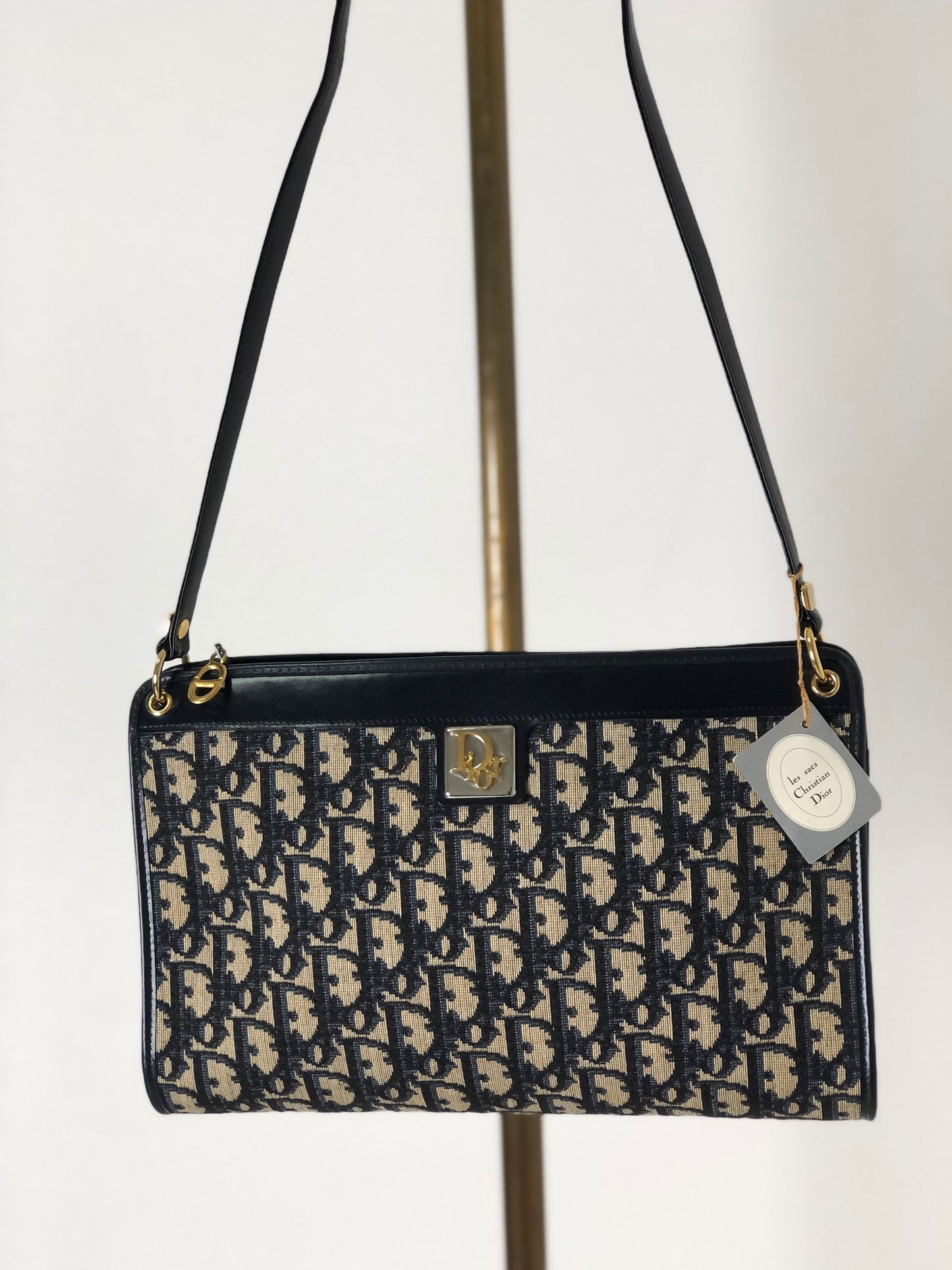 Christian Dior Trotter Logo Jacquard Leather Shoulder bag Navy Vintage i2dwx3