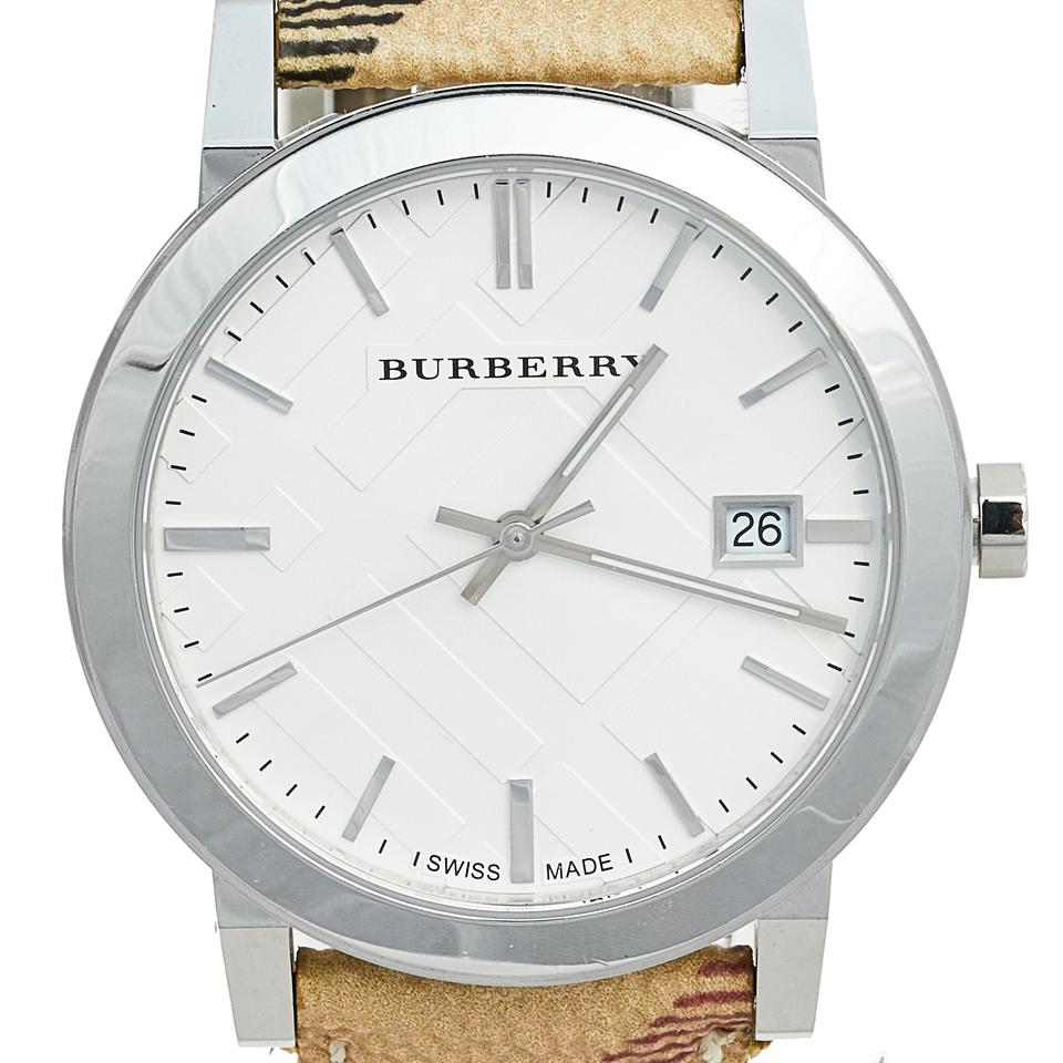 BURBERRY SILVER STAINLESS STEEL LEATHER HERITAGE BU9025 WATCH