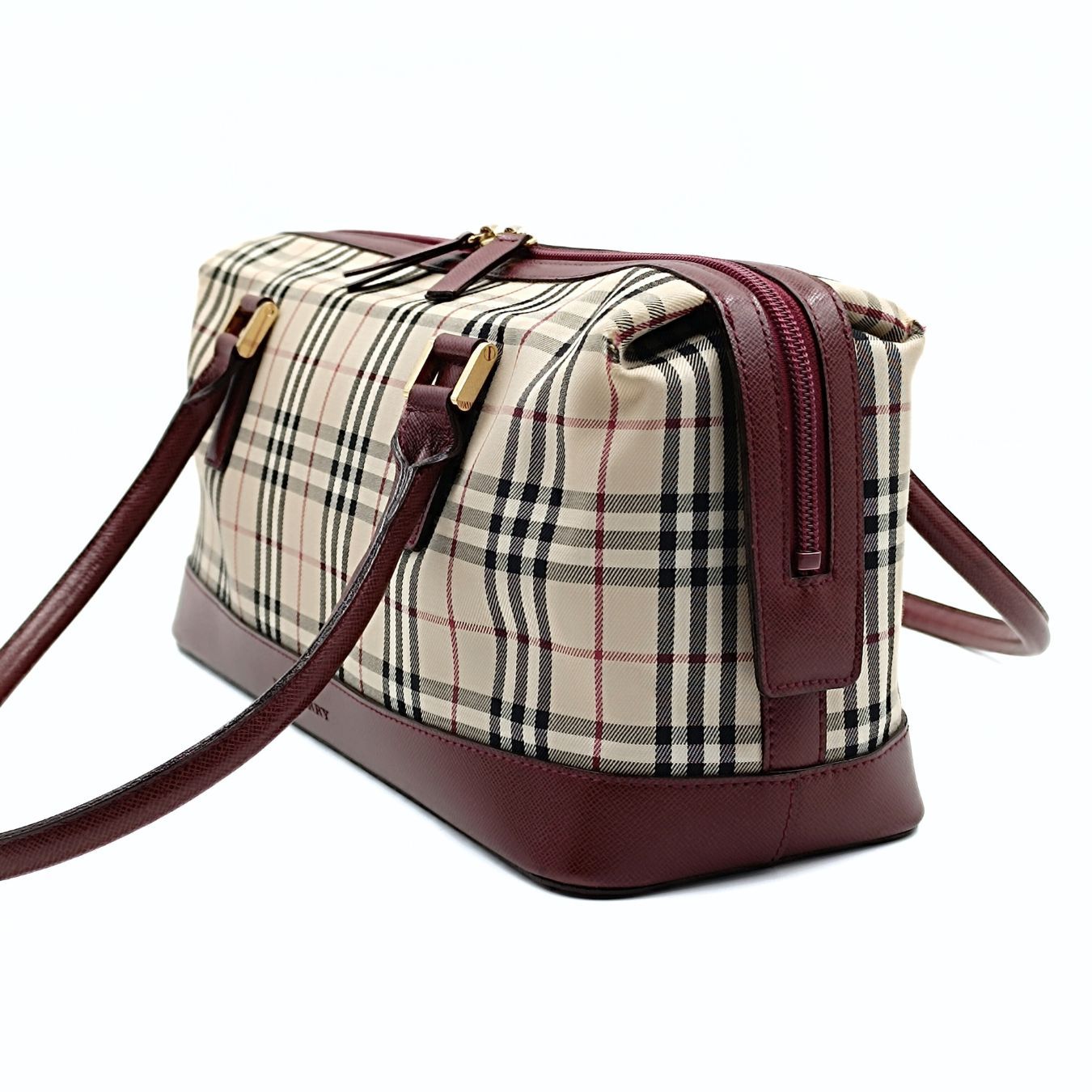 BURBERRY shoulder bag in burgundy check canvas and leather