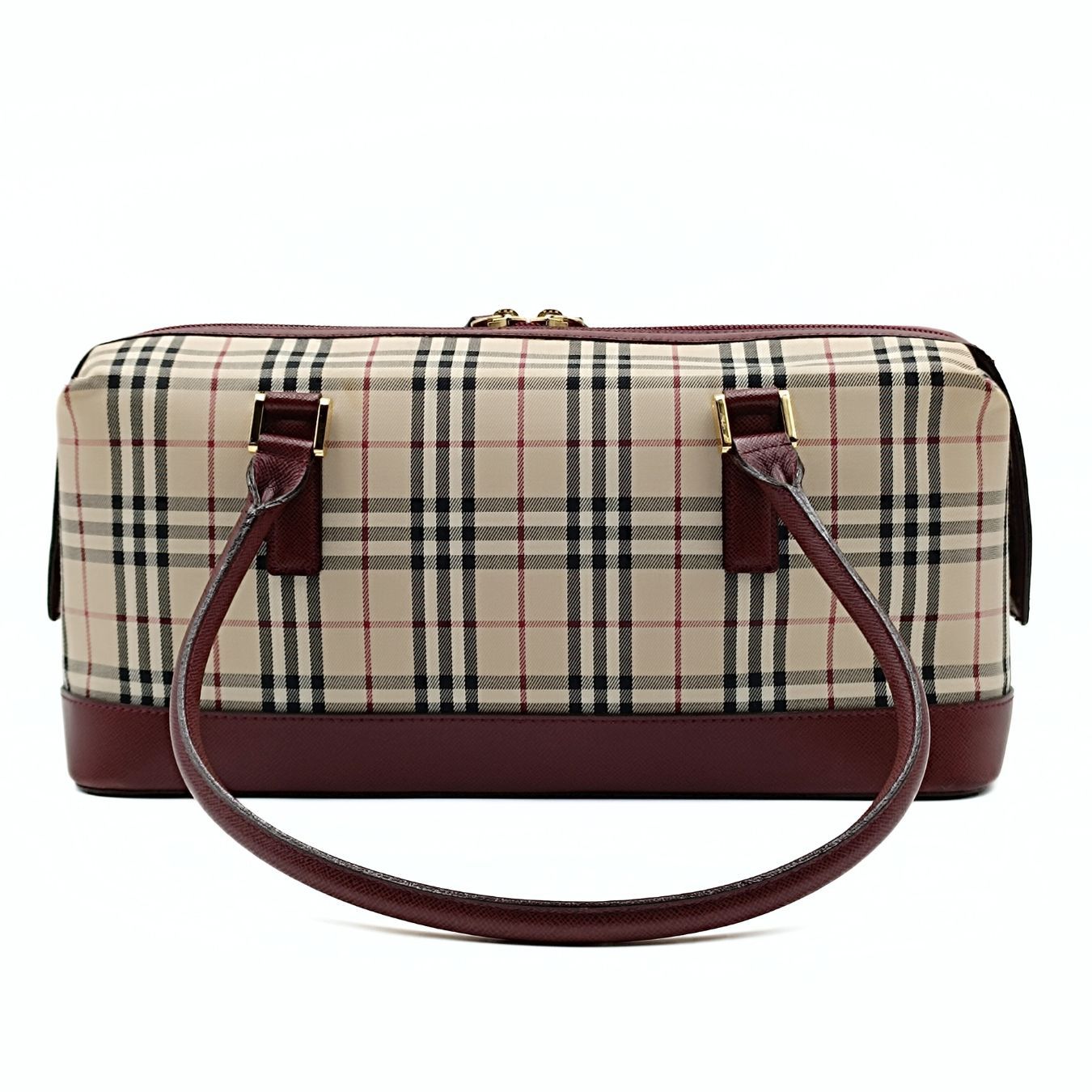 BURBERRY shoulder bag in burgundy check canvas and leather