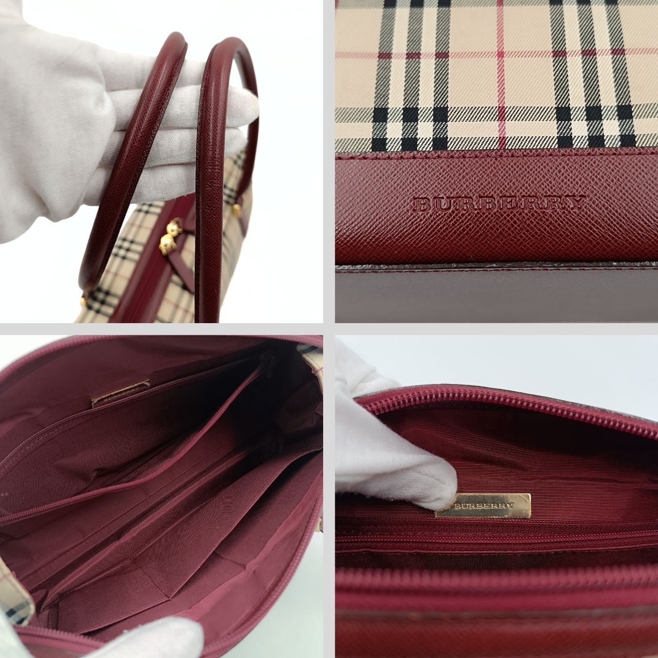 BURBERRY shoulder bag in burgundy check canvas and leather