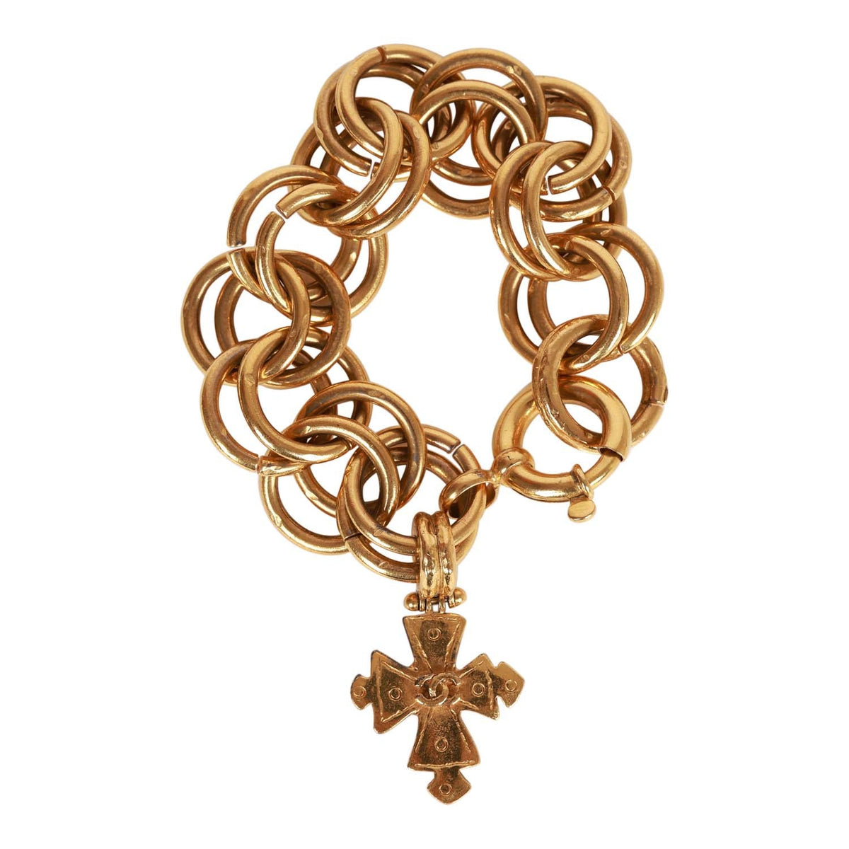 Vintage Chanel 24K Gold Plated Double Link CC-Logo Maltese Cross Charm Bracelet