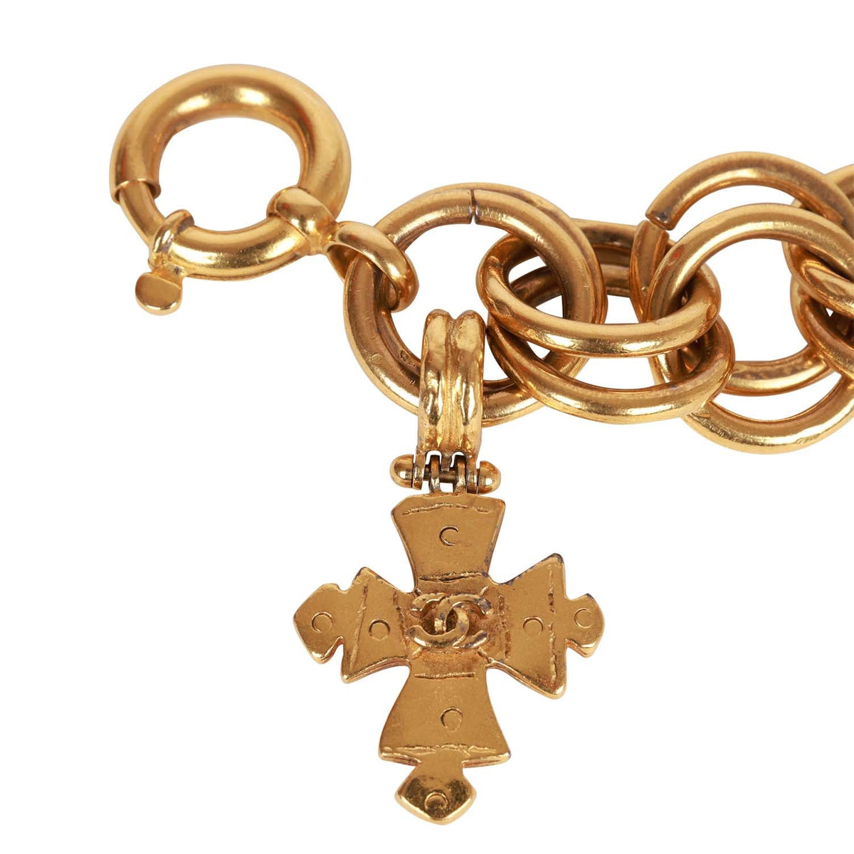 Vintage Chanel 24K Gold Plated Double Link CC-Logo Maltese Cross Charm Bracelet