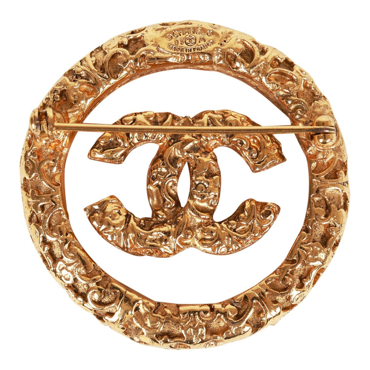 Vintage Chanel 24K Gold Plated Gold Tone CC Lava Textured Brooch