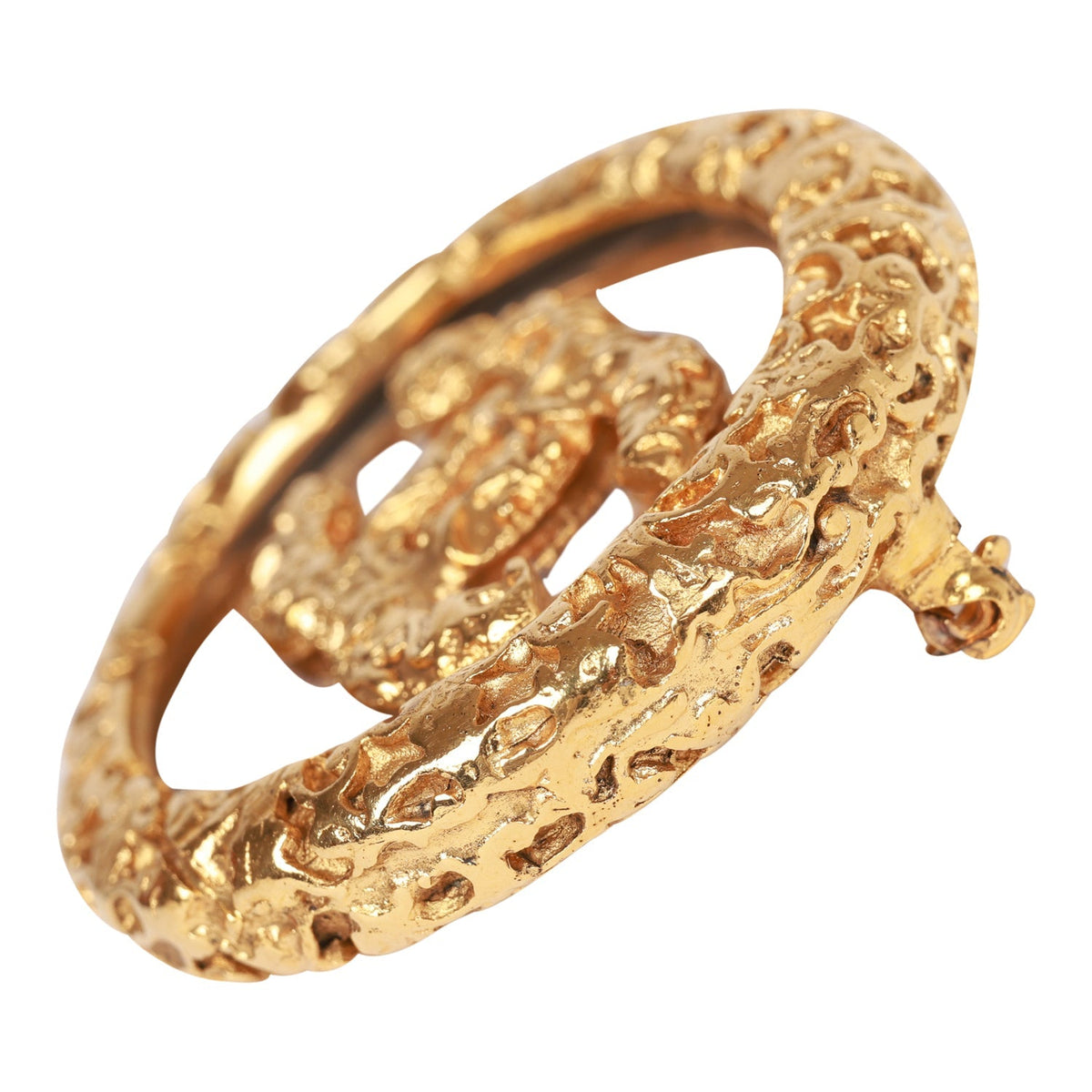 Vintage Chanel 24K Gold Plated Gold Tone CC Lava Textured Brooch