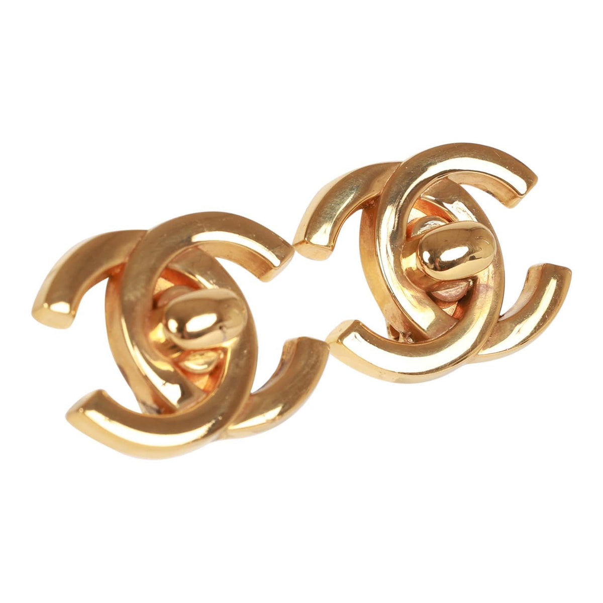 Vintage Chanel 24K Gold Plated Iconic CC Turn Lock Clip Earrings