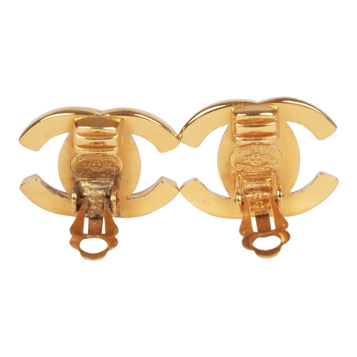 Vintage Chanel 24K Gold Plated Iconic CC Turn Lock Clip Earrings