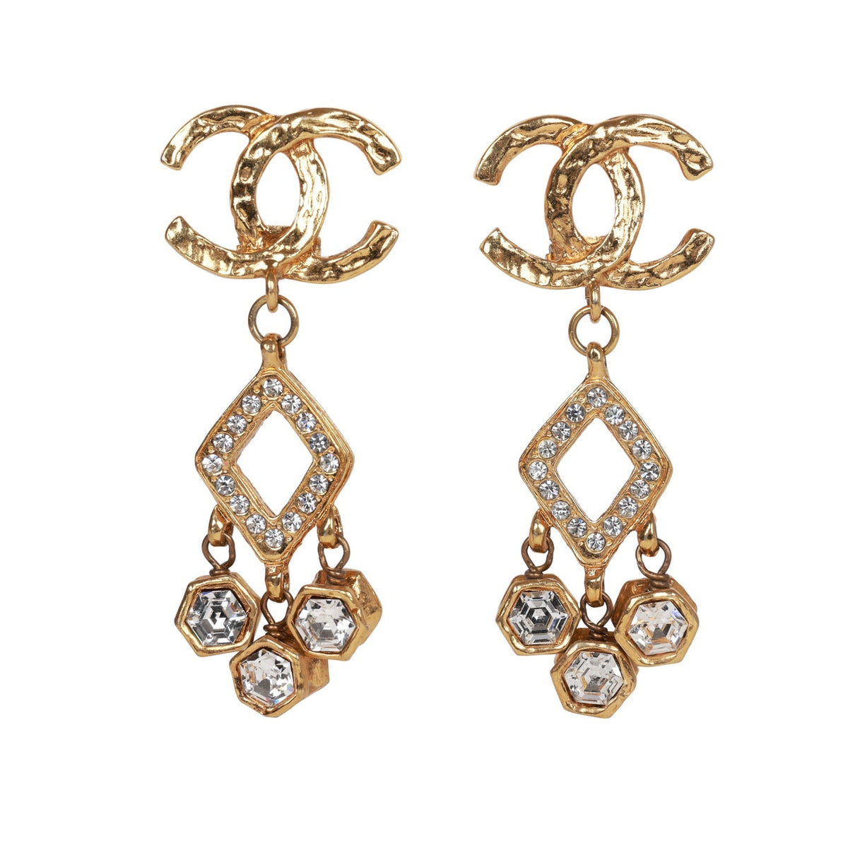 Vintage Chanel 24K Gold Plated Textured CC and Rhinestone Chandelier Clip Earrings