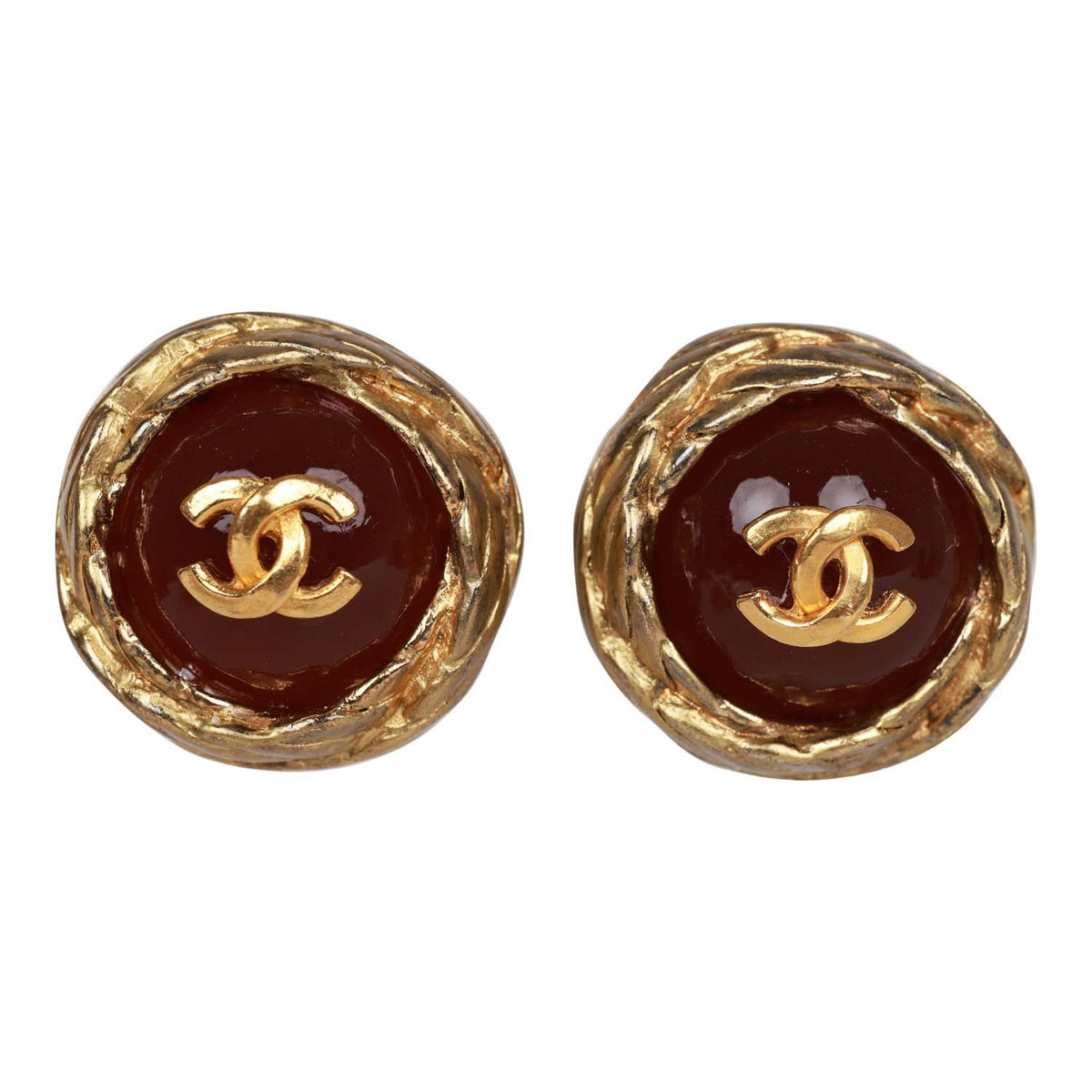 Vintage Chanel 24K Gold Plated CC Red Gripoix Stud Earrings