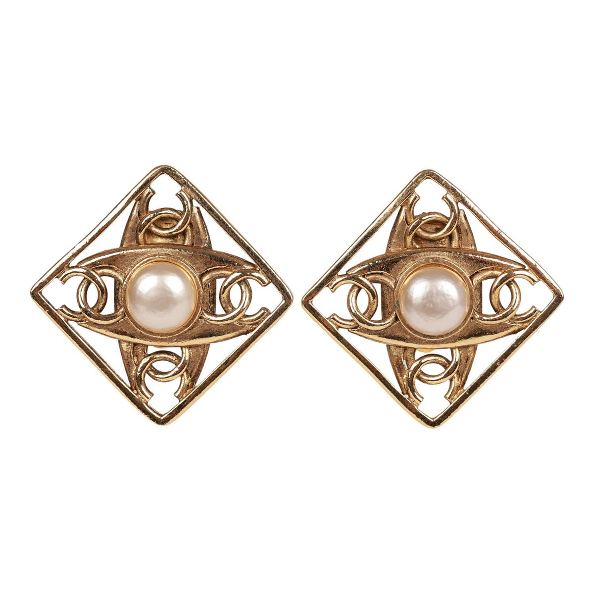 Vintage Chanel 24K Gold Plated CC Square Pearl Earrings
