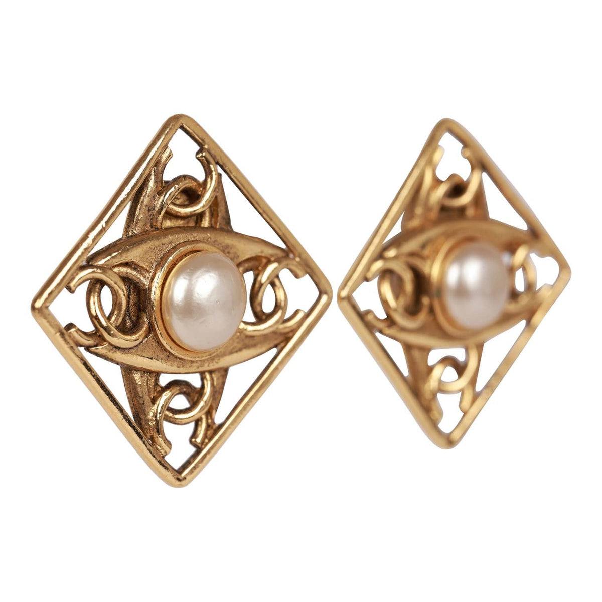Vintage Chanel 24K Gold Plated CC Square Pearl Earrings