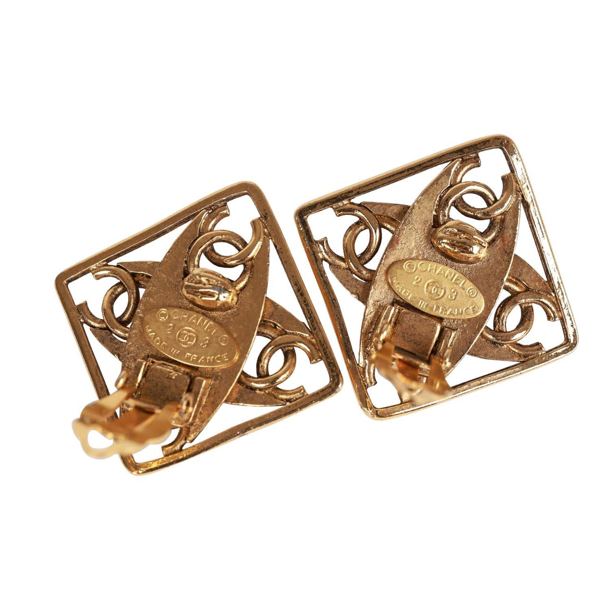 Vintage Chanel 24K Gold Plated CC Square Pearl Earrings