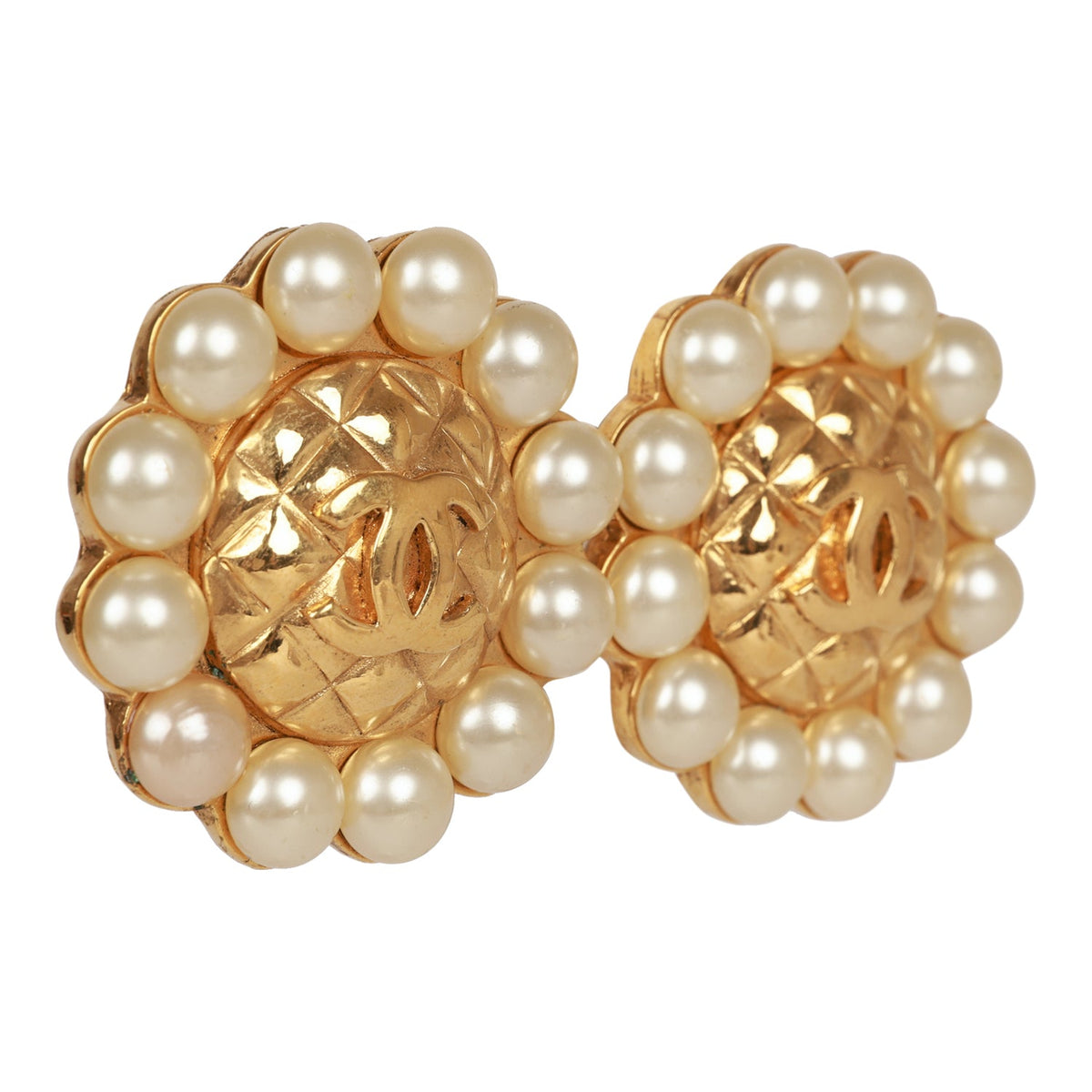Vintage Chanel 24K Gold Plated CC Logo Pearl Circle Earrings