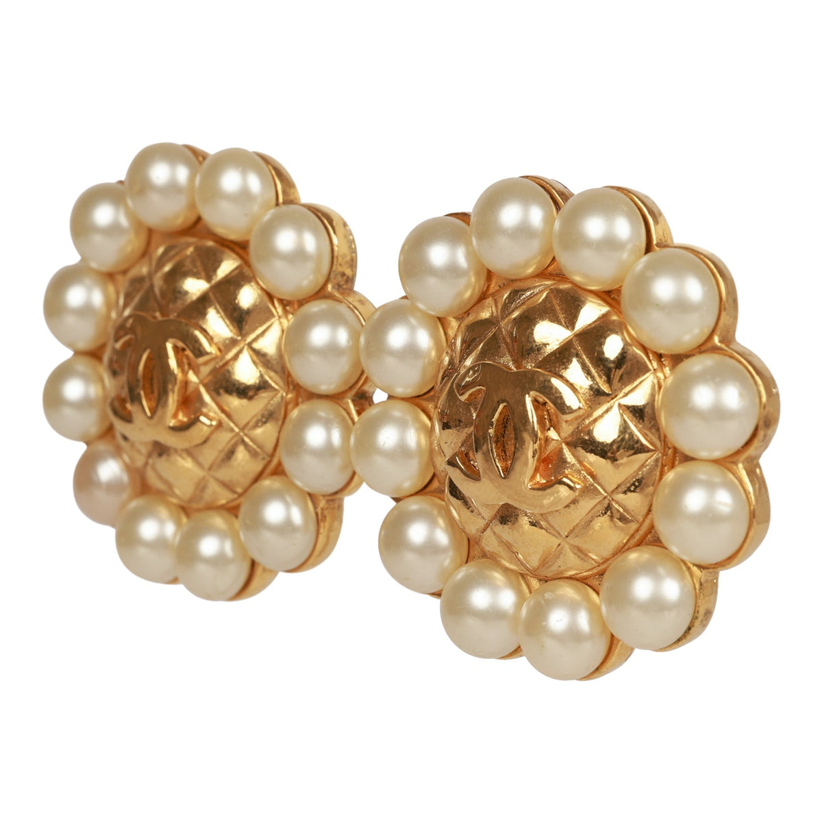 Vintage Chanel 24K Gold Plated CC Logo Pearl Circle Earrings