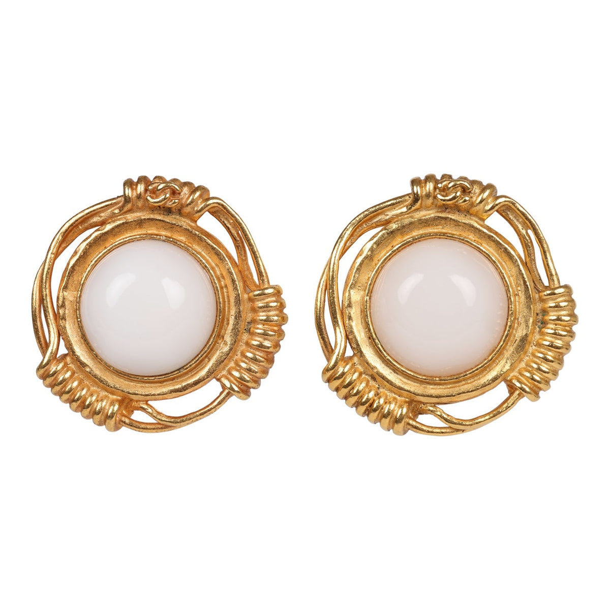 Vintage Chanel 24K Gold Plated White Gripoix Earrings