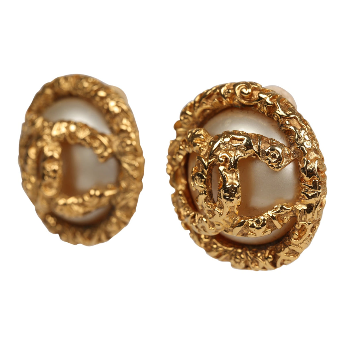 Vintage Chanel 24K Gold Plated Lava CC and Faux Pearl Earrings