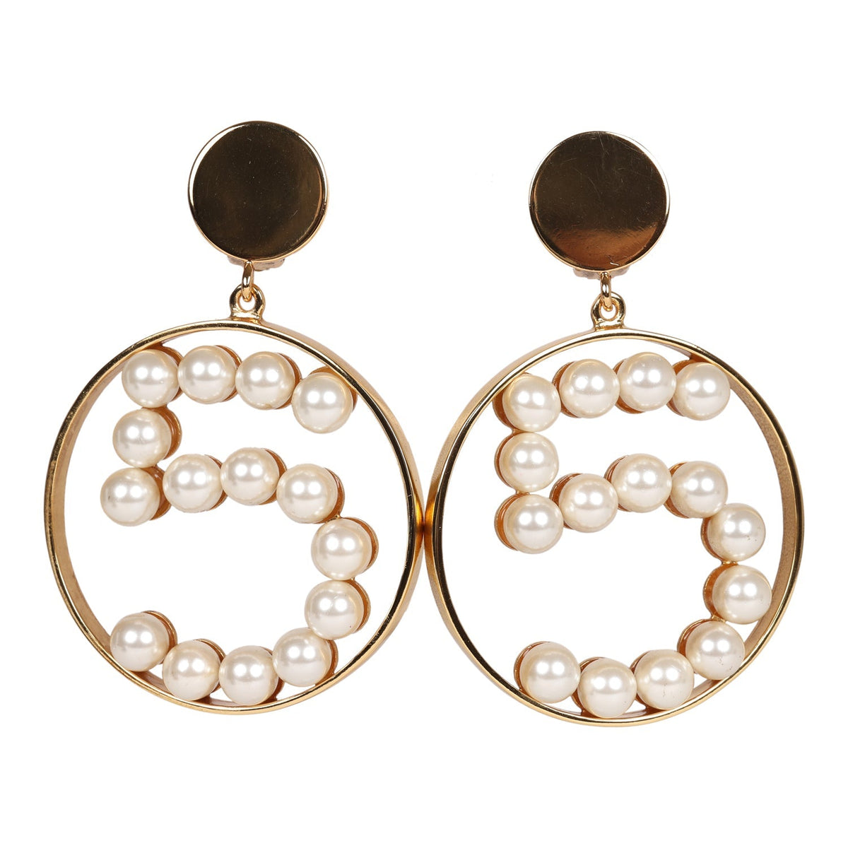 Vintage Chanel 24K Gold Plated Jumbo No. 5 Faux Pearl Dangle Earrings