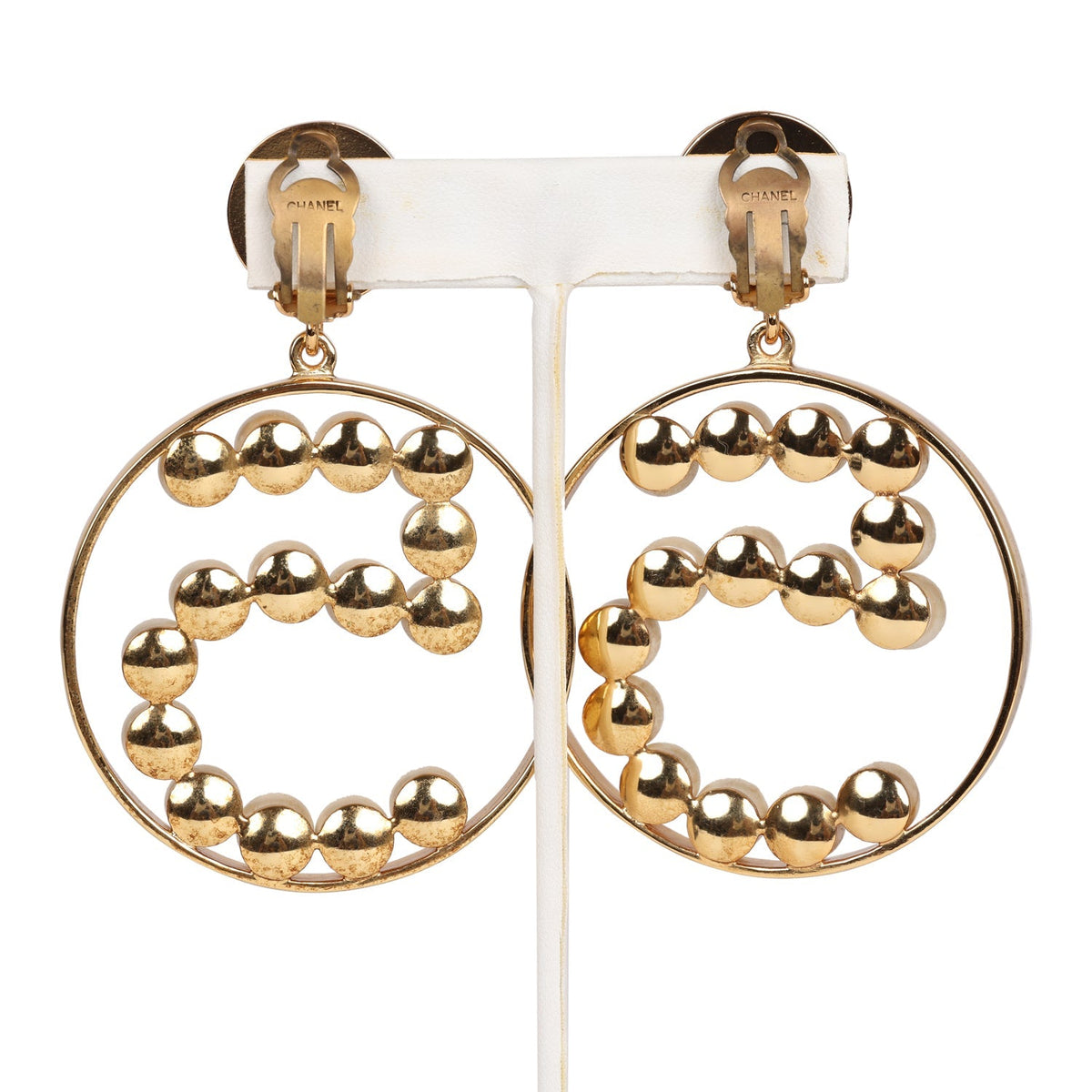 Vintage Chanel 24K Gold Plated Jumbo No. 5 Faux Pearl Dangle Earrings