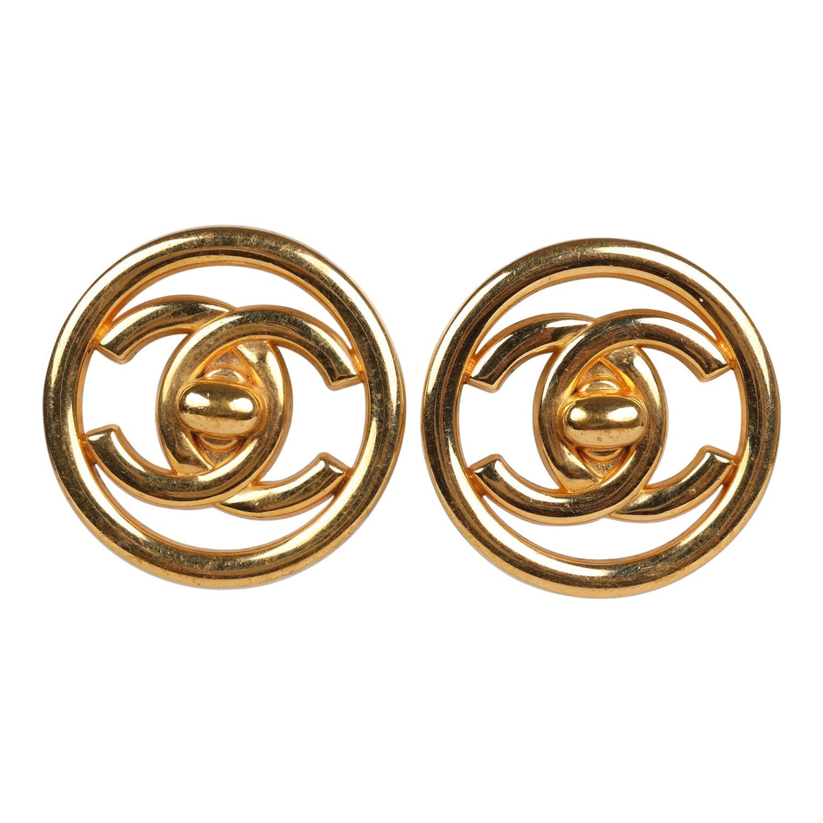 Vintage Chanel 24K Gold Plated CC Circle Turnlock Earrings
