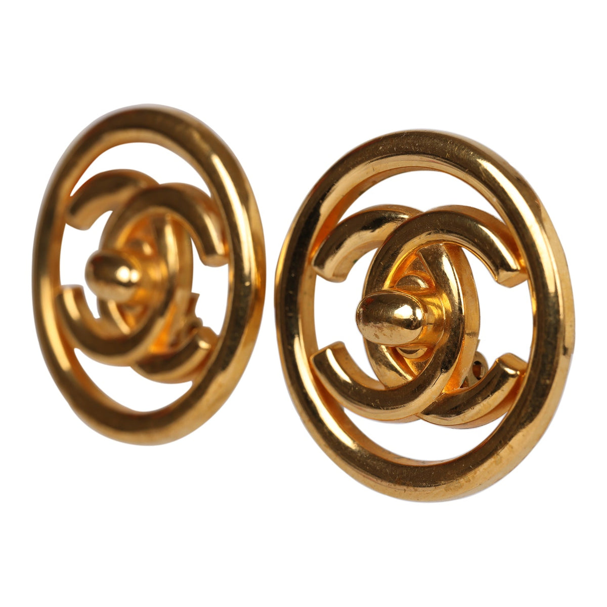 Vintage Chanel 24K Gold Plated CC Circle Turnlock Earrings