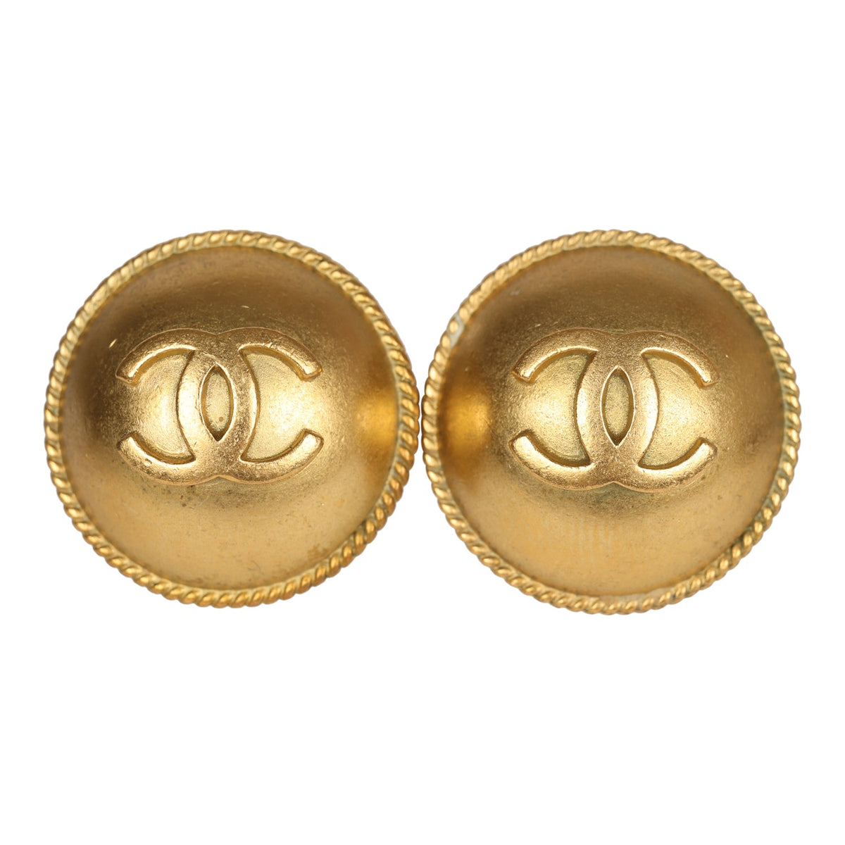 Vintage Chanel 24K Gold Plated CC Round Button Clip On Earrings
