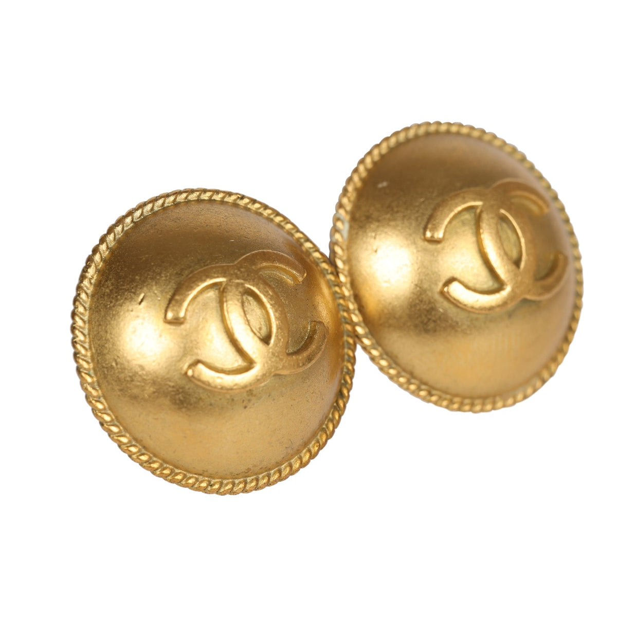 Vintage Chanel 24K Gold Plated CC Round Button Clip On Earrings