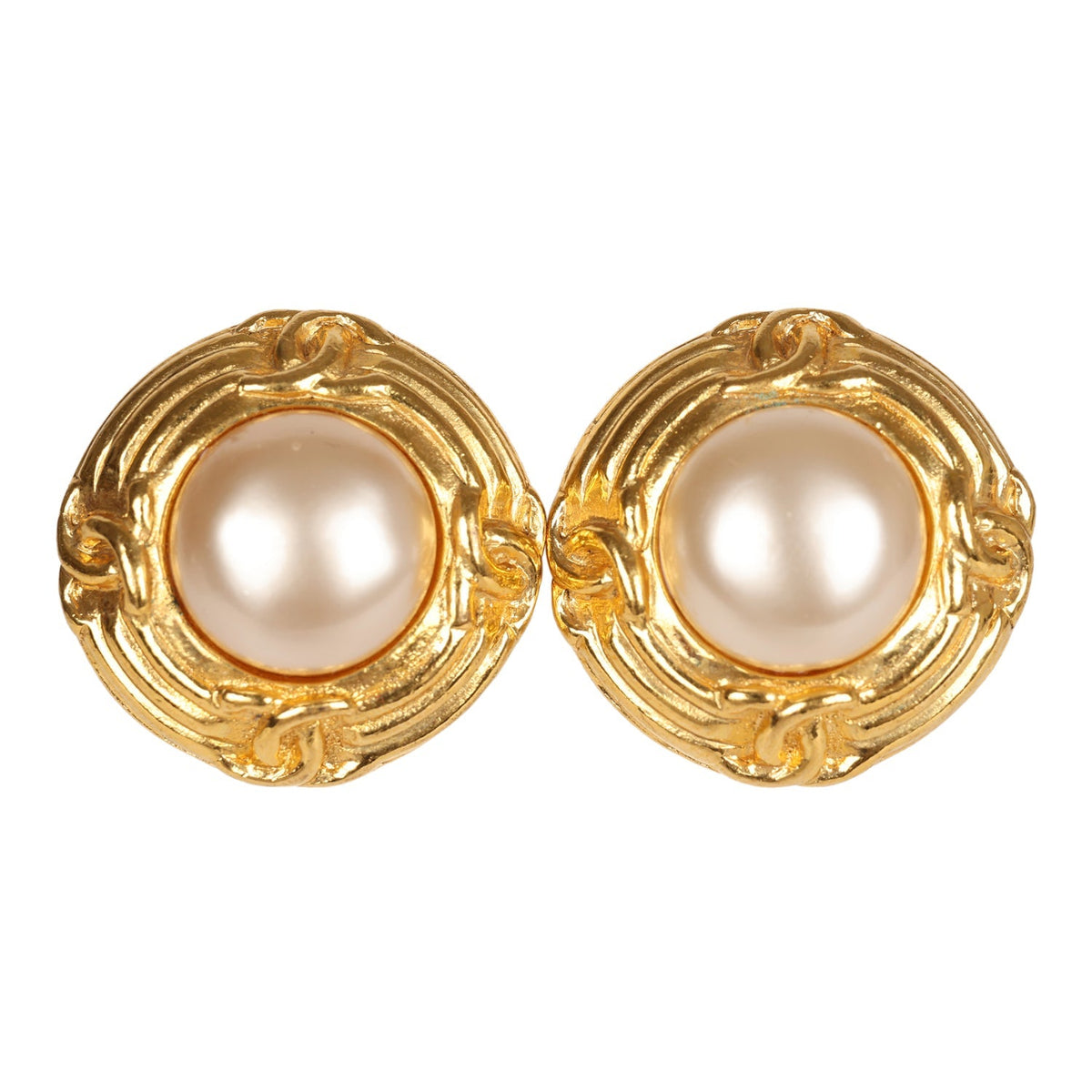 Vintage Chanel 24K Gold Plated Pearl Round CC Button Clip On Earrings