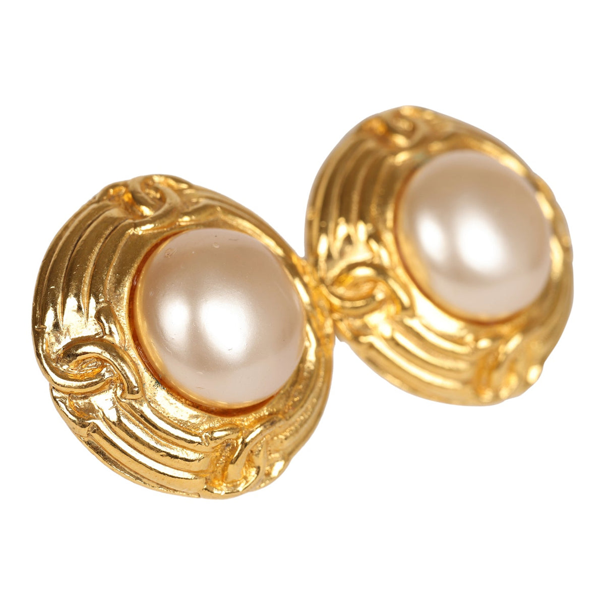 Vintage Chanel 24K Gold Plated Pearl Round CC Button Clip On Earrings