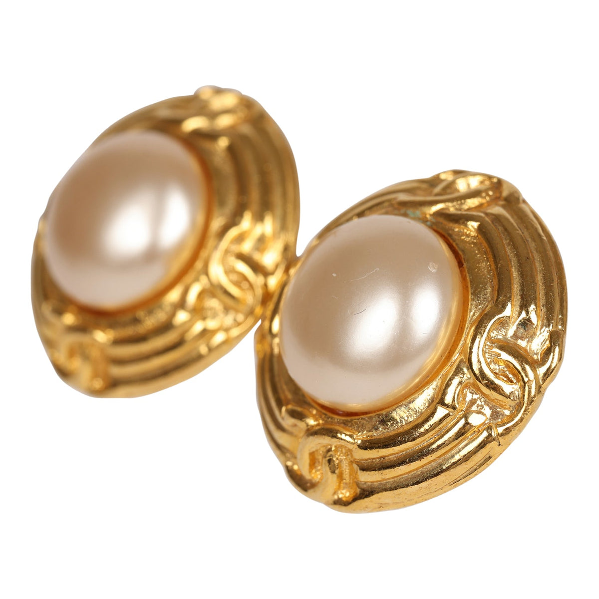 Vintage Chanel 24K Gold Plated Pearl Round CC Button Clip On Earrings