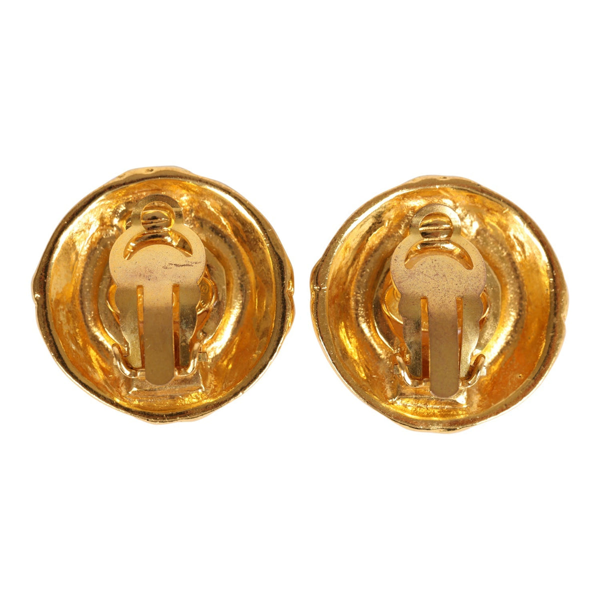 Vintage Chanel 24K Gold Plated Pearl Round CC Button Clip On Earrings